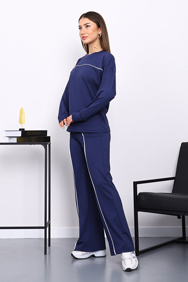 Navy Blue Piped Detail Sweat Pants Set