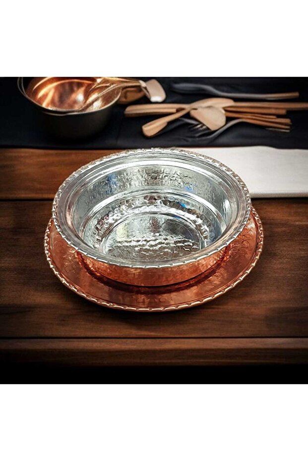 Bakır Tabak Kase Çorba Beyran Kelle Paça Sunum Ikram Tabaklı Kase Servis Tabağı - 1