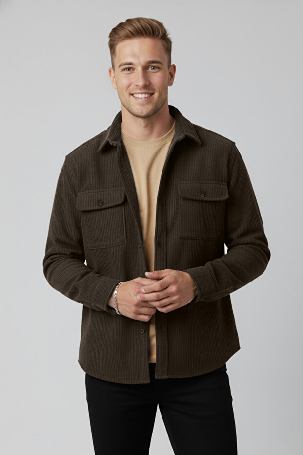 Coffee Stretch Fabric Velvet Fabric Relaxed Fit Men's Shirt – Soft Texture, Stylish Design 2600759