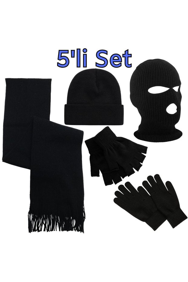 Men's Black Winter Knitwear Knitted Scarf Beanie Balaclava Fingered and Fingerless Gloves Set of 5