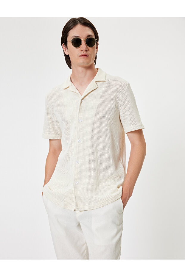Crochet Shirt Short Sleeve Semi-Transparent Textured Cotton Blend