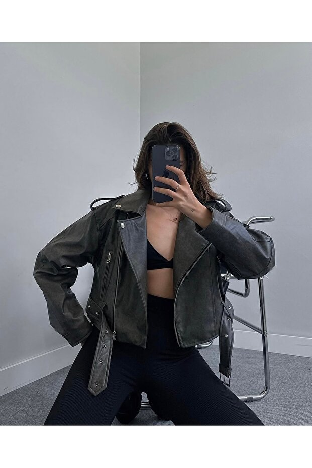 Belted Oversized Crop Anthracite Leather Jacket