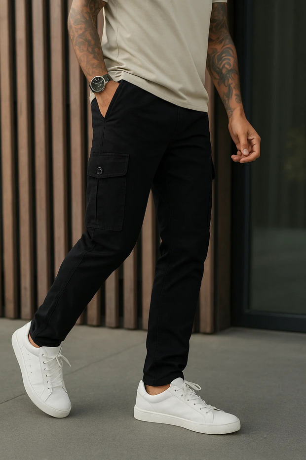 Men's Wide Leg Trendy Black Gabardine Cargo Pants
