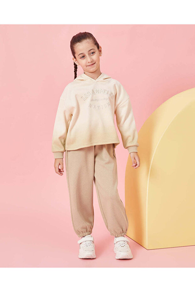 Girls Beige Embroidered Jogger Set (2 Piece)