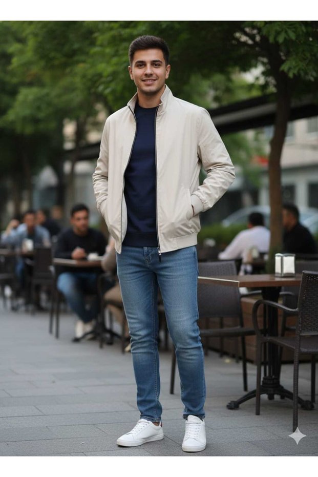 Güncüoğlu Cotton Stand-Up Collar Men's Sports Seasonal Coat with Ribbed Bottom and Sleeves