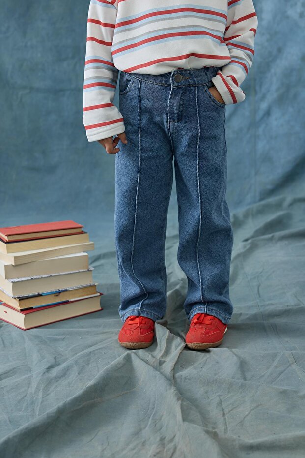 Nervürlü Denim Pantolon - mavi - 2