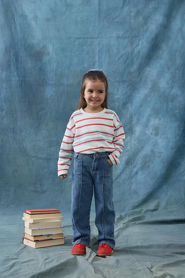 Nervürlü Denim Pantolon - mavi - 1