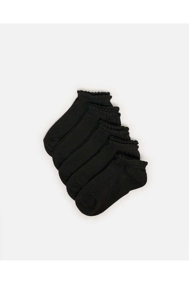 Girls Black Low Ankle Socks With Scallop Edge Welt (5 Pairs)