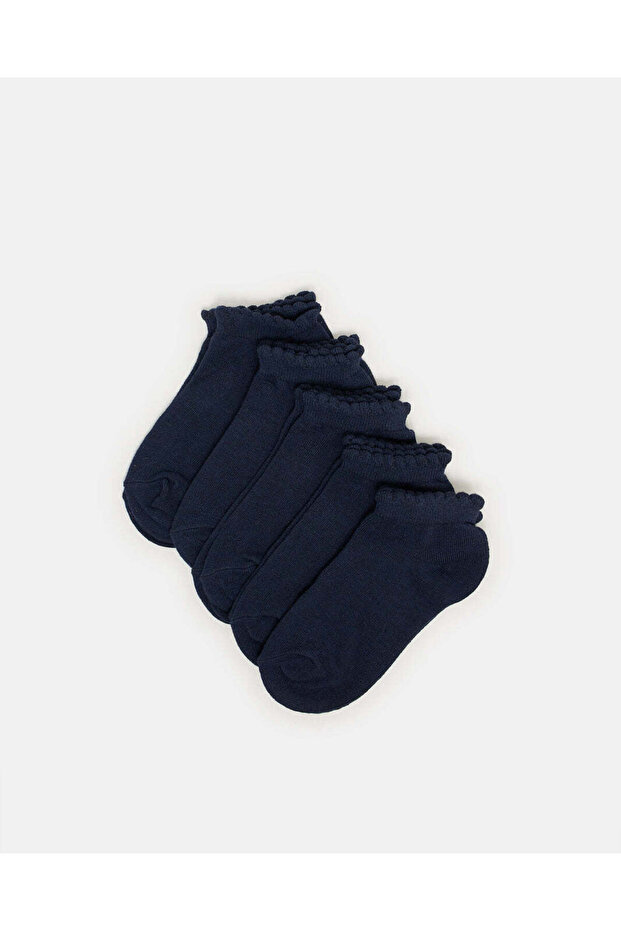 Girls Navy Low Ankle Socks With Scallop Edge Welt (5 Pairs)