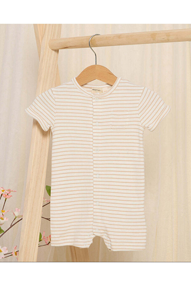 Beige Striped Button Front Romper suit