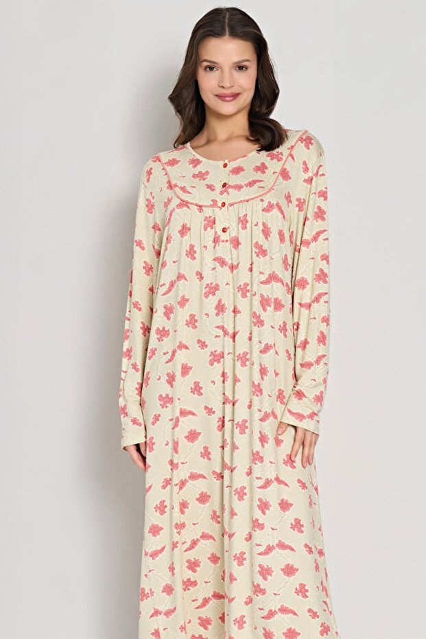 Women's Long Sleeve Button-Down Collar Floral Print Long Salmon Nightgown C9T0N91