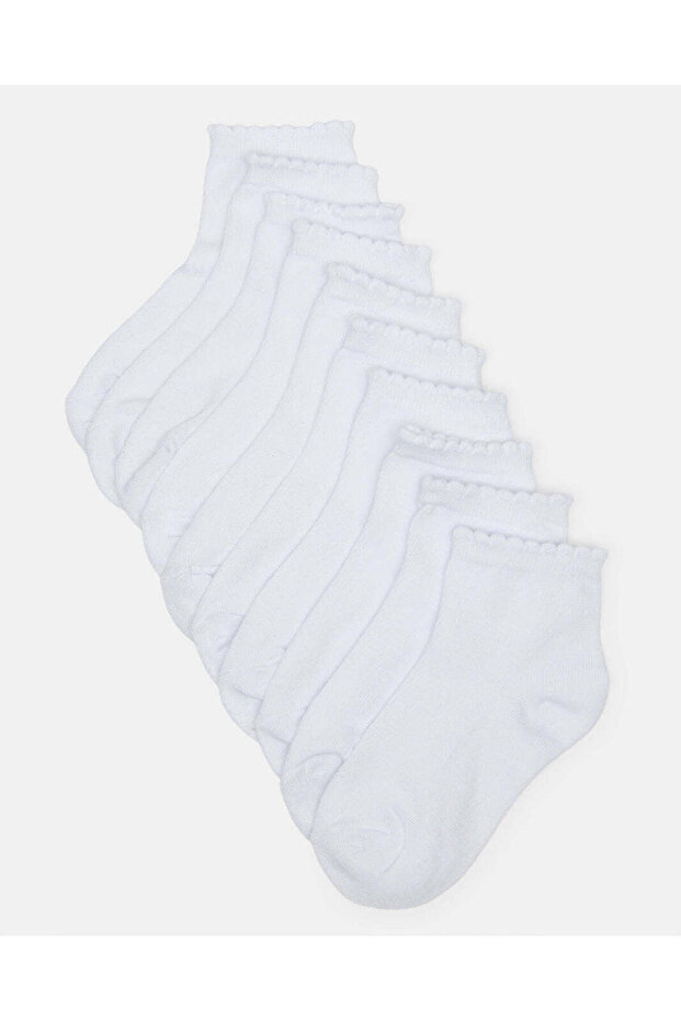 Girls White High Ankle Socks With Scallop Edge Welt(10 Pairs)