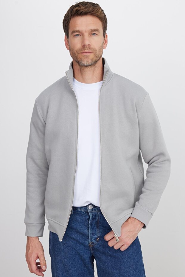Unisex Relax Fit Comfortable Cut Cotton 3 Thread Fleece Inside Zippered Pocket Gray Sweatshirt Cardigan