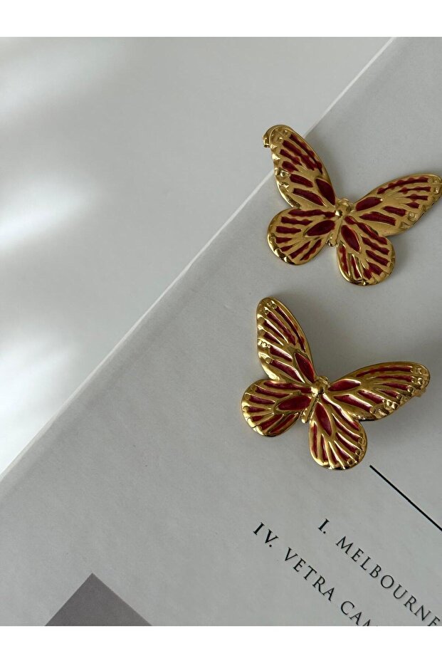 Butterfly Model Burgundy Color Vip Gold Steel Earrings