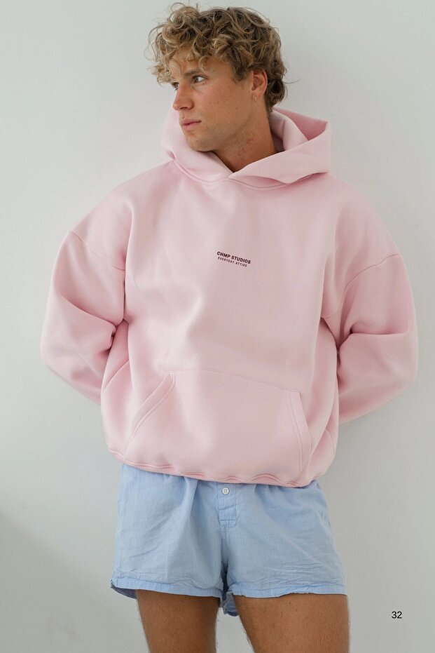 Men's Oversize Sweatshirt Hoodie Chmp Studios Printed Pink – Hooded, Kangaroo Pocket, 3 Threads