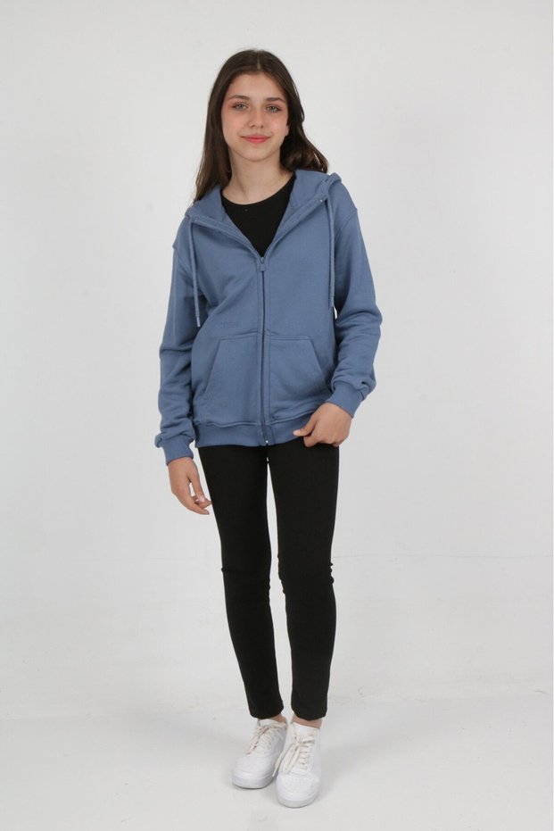 Indigo Girls' Smoked K Hooded Zippered Pocket Low Shoulder Embroidery B Printed Knitted Cardigan