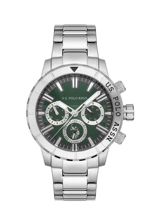 45mm Multifunction Men's Watch with Green Dial & Stainless Steel Bracelet