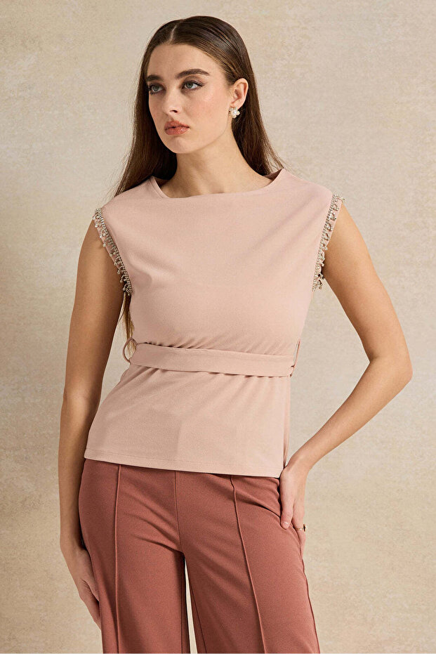 Women Pink Embellished Belted Top