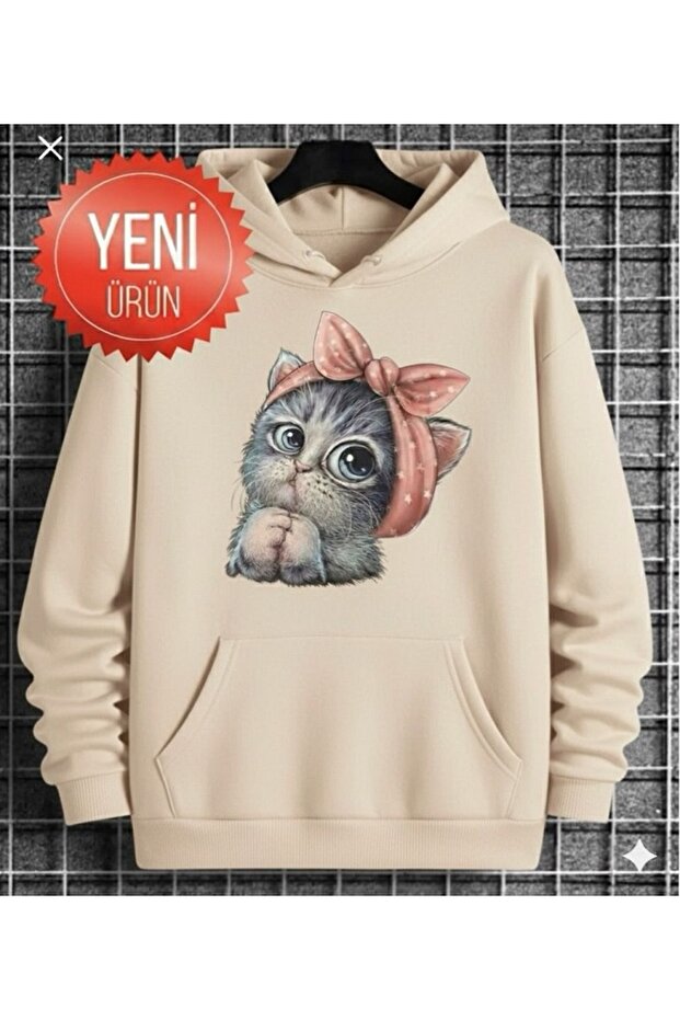 Unisex Oversized Women'S/Men's Hooded Sweatshirt with Cat Print