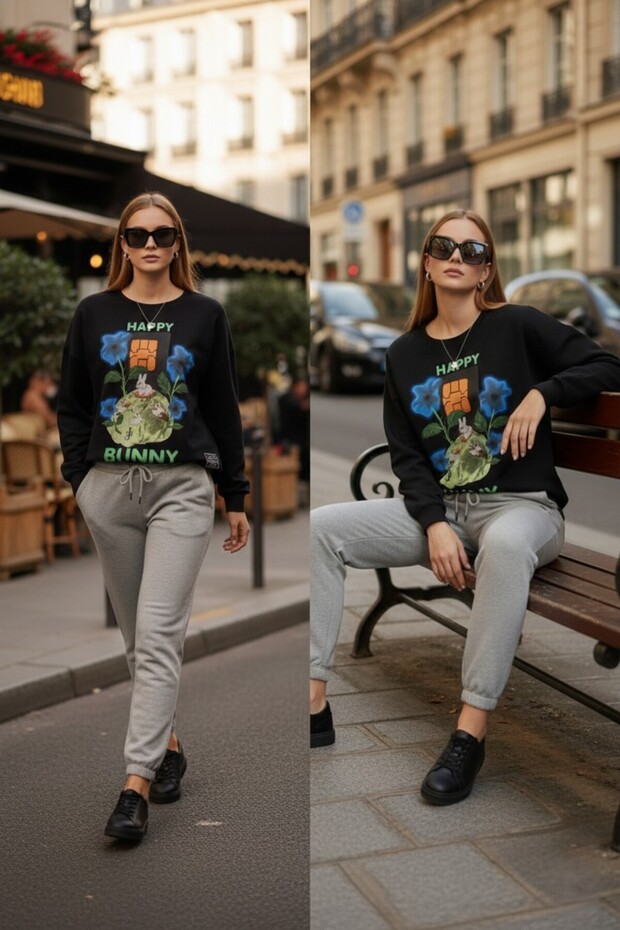 Women's Happy Bunny Printed 100% Cotton 3 Thread Non-Brushed Sweatshirt - Crew Neck Basic Top