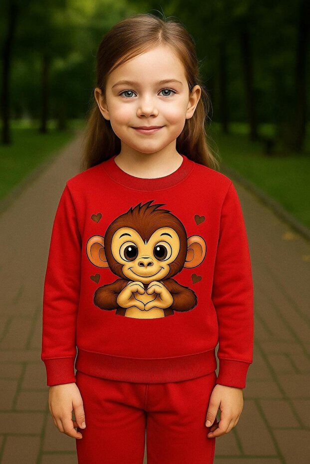 Crew Neck Long Sleeve - Heart Monkey Patterned Sh Fleece-Lined Sweatshirt3-4-5-6-7-8-9-10-11-12 Age