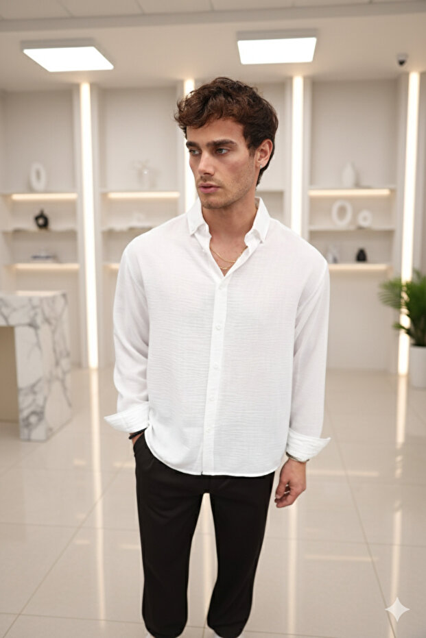 Summer Textured White Half Oversized Men's Linen Shirt