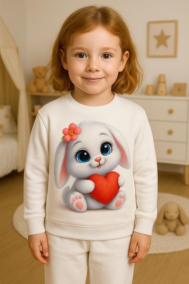 Crew Neck Long Sleeve Heart Holding Rabbit Patterned Sh Fleece-Lined Sweatshirt-3-4-5-6-7-8-9-10-11-12 Years
