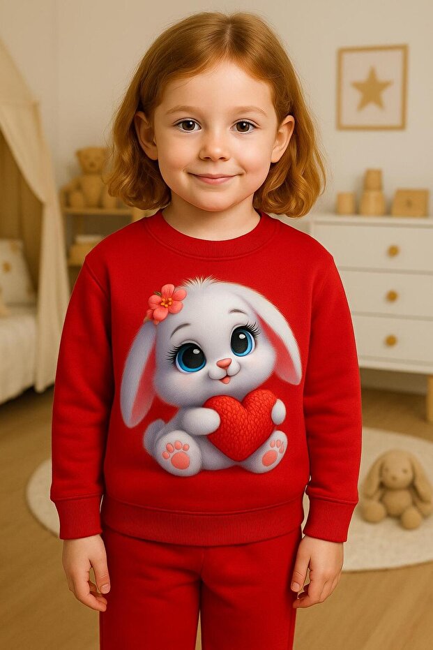 Sleeveless Heart Holding Rabbit Patterned Sh Fleece-Lined Set Sweatshirt-3-4-5-6-7-8-9-10-11-12 Age