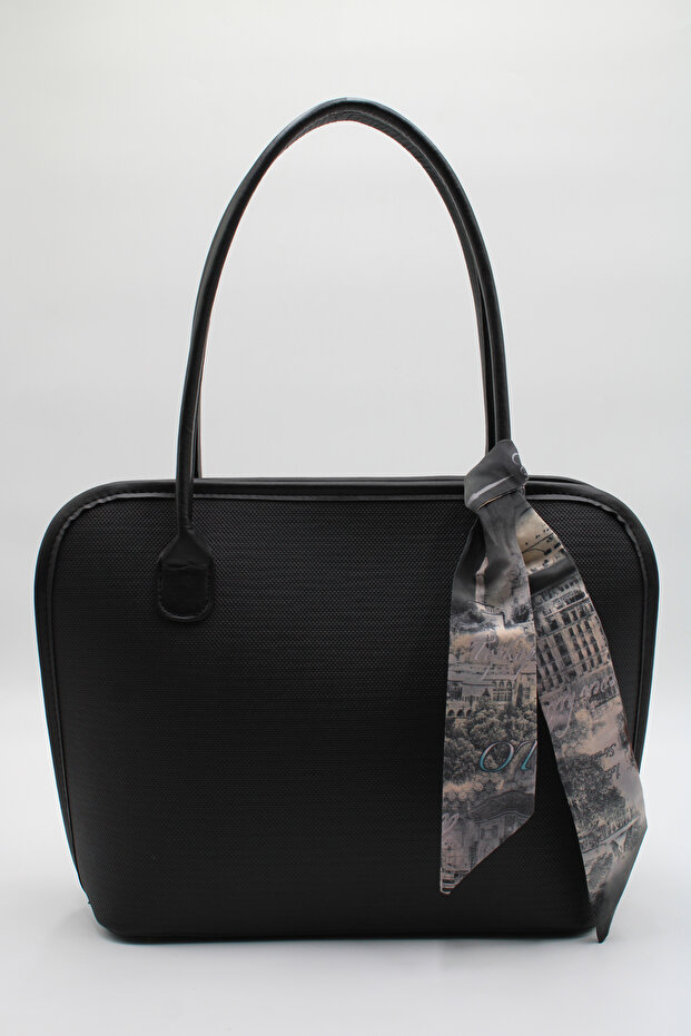 Women's Black Large Size Scarf Detailed Zippered Hand, Arm and Shoulder Bag
