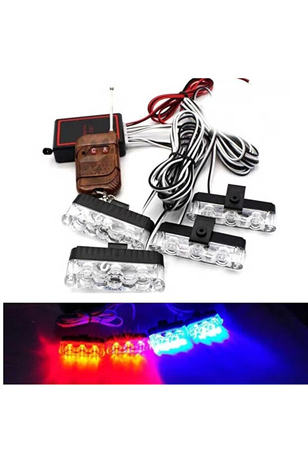Set of 4 red blue LED warning lights for the grille with strobe functions 36W 12V - 6