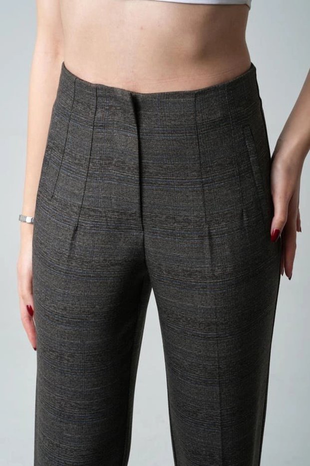 Women's Brown Checkered High Waist Pencil Detailed Carrot Cut Fabric Trousers