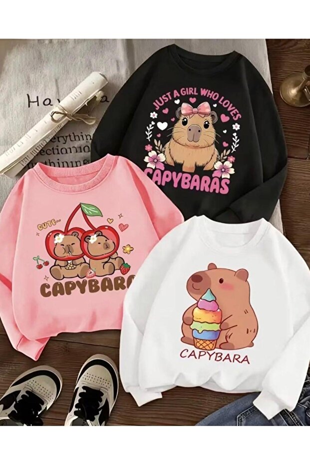 Girl's 3-Piece Pink-White-Black Cherry Licking Printed Sweatshirt