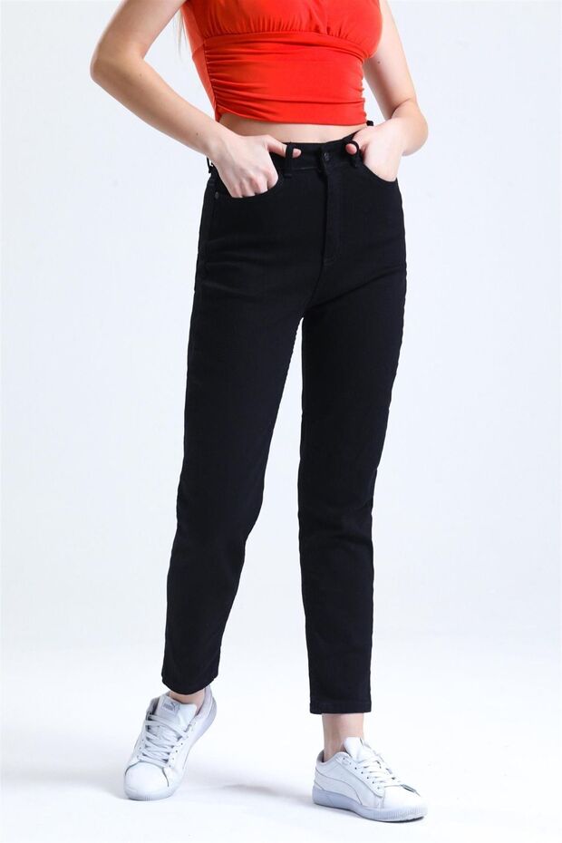Bt18677555 Black High Waist Stretch Fabric Stretchy Mom Jeans Denim Pants
