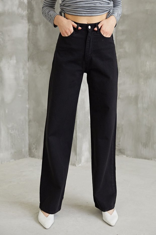 Bt17127474 Black Non-Fading High Waist Wide Leg Stretch Fabric Loose Wide Leg Denim Trousers Jeans