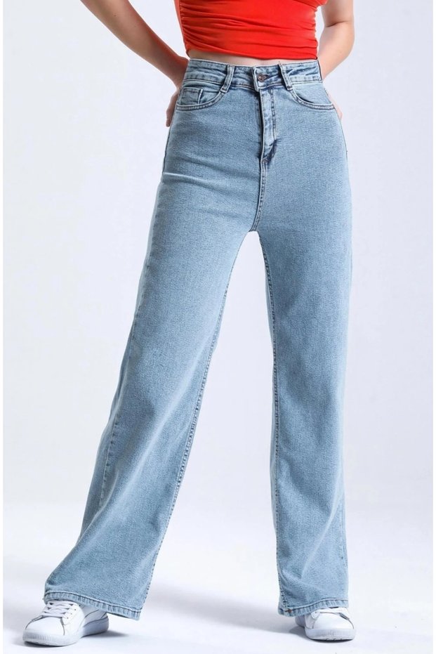 Bt11861984 Women's 90's Wide Leg Blue Snow Wash High Waist Comfort Stretch Fabric Denim Pants Jeans