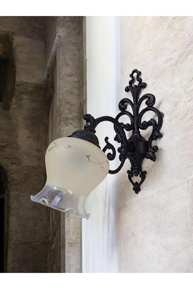 Flower Arm Wall Light Black Static Painted Matte Salmon Glass
