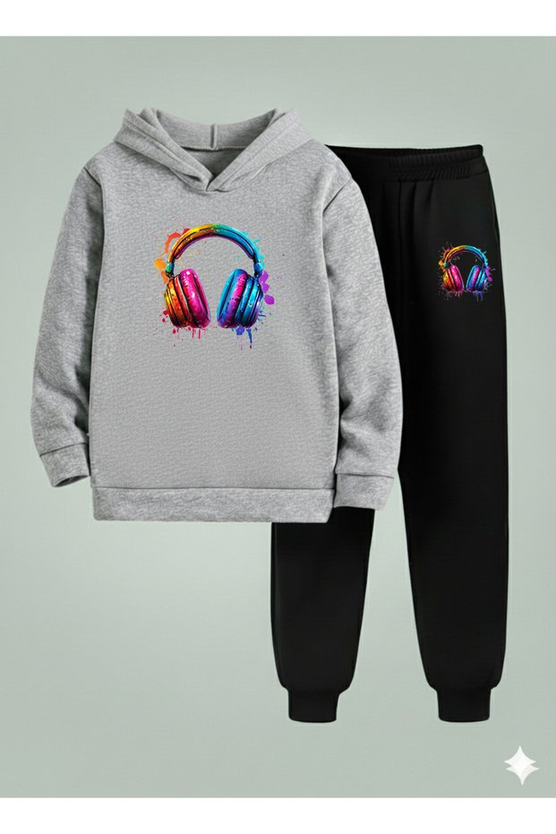Children Hooded Set Headset Printed 3 Thread Sh Fleece-Lined Sweatshirt Tracksuit Thick Winter Sports Combination