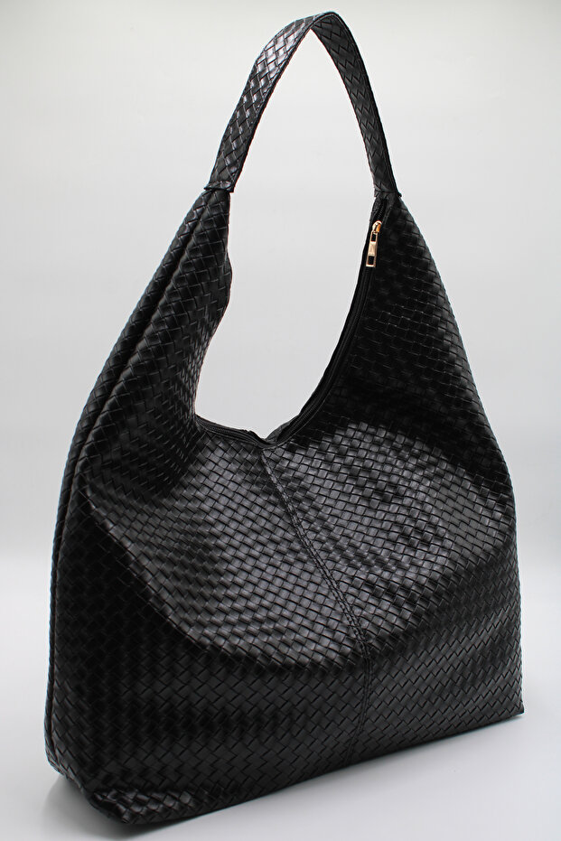 Women's Black Oversized Casual Knitted Textured Large Internal Volume Shopper Hand, Arm and Shoulder Bag