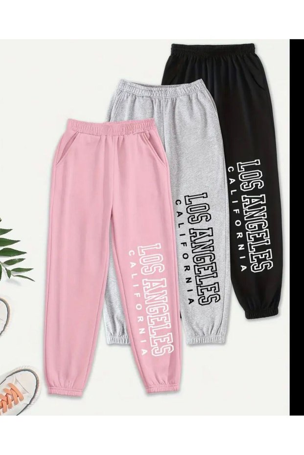 Girl's 3-Piece Pink-Grey-Black Losangeles Printed Tracksuit Bottoms
