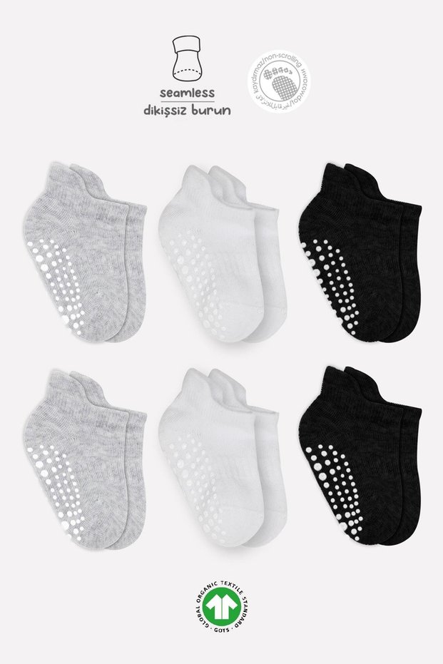 6 Pairs Organic Cotton Baby Socks Anti-Slip Seamless Combed Sneakers Girls Boys Children (Gray)
