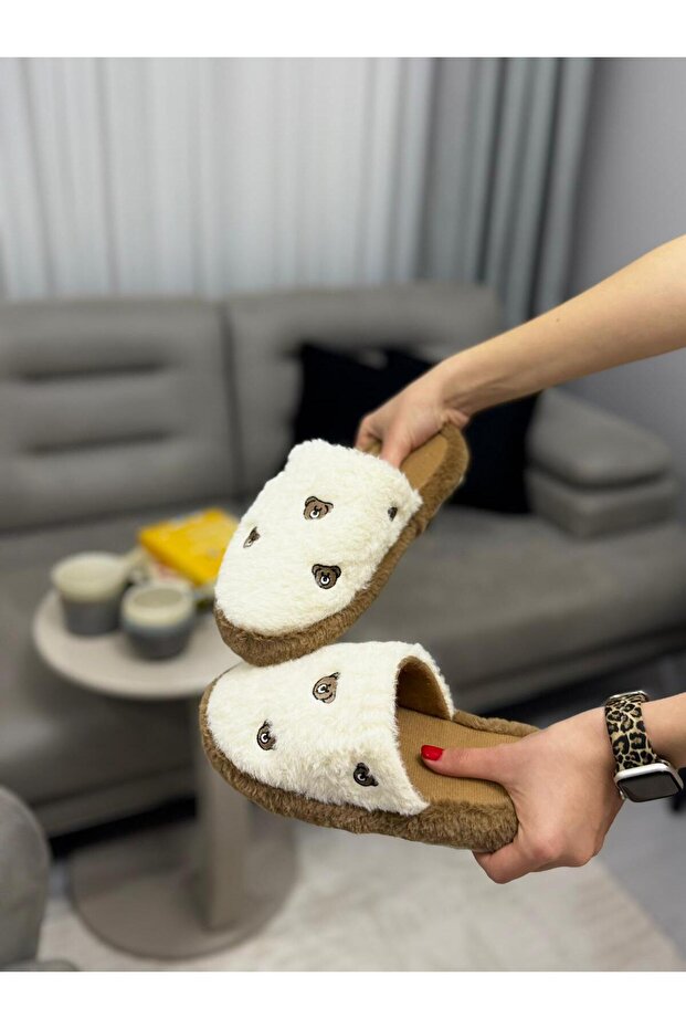 Teddy Bear Embroidered Fluffy House Slippers Dowry Slippers