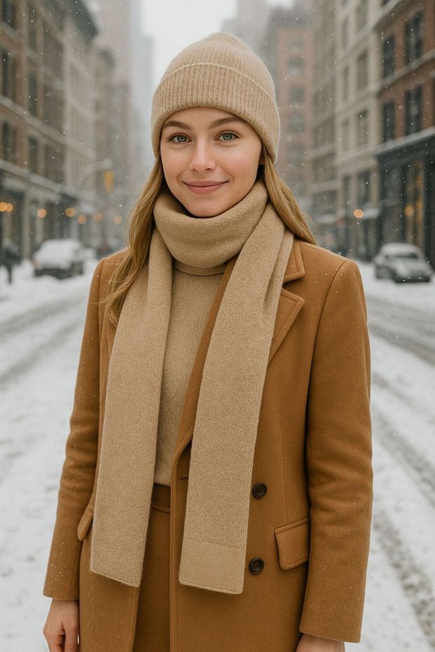 Beige Knitwear Women's Scarf Beanie Set of 2 160X20 cm