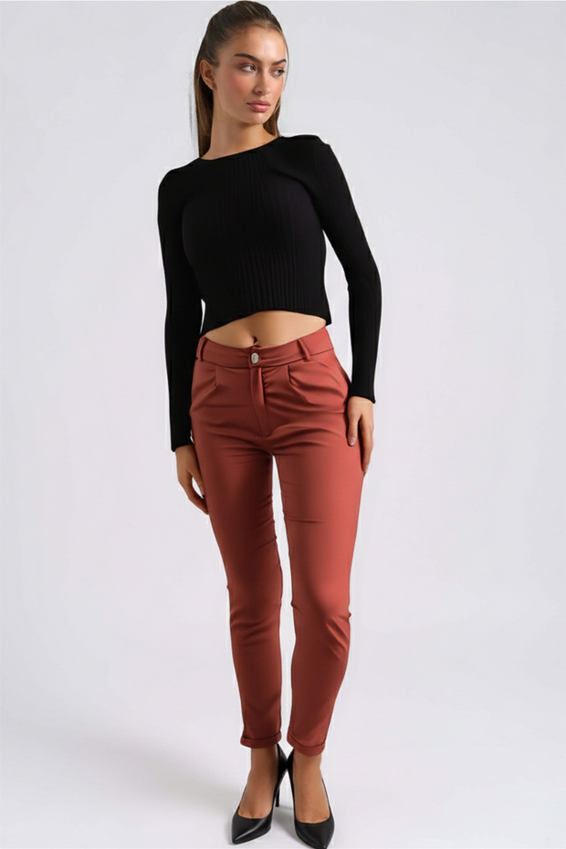 Women's Tan Elastic Waist Folded Cuff Pants Arm-26K136042