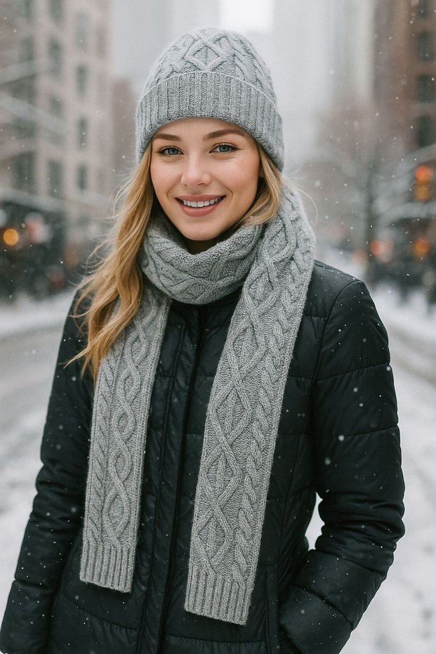 Dark Gray Knitwear Braided Women's Scarf Beanie Set of 2 180X20 cm