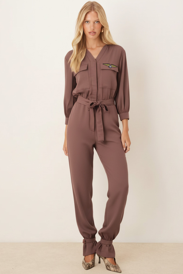 Women's Mink V-Neck Belted Jumpsuit with Pockets Arm-26K136044