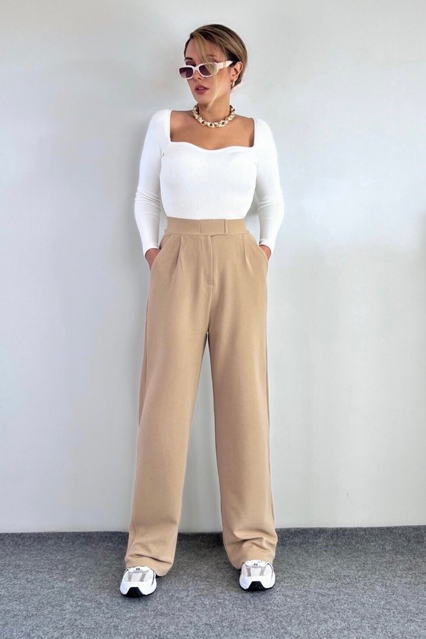Women's Stretch Fabric Velcro Closure Beige High Waist Palazzo Pants
