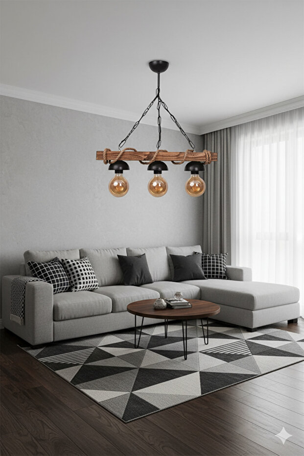 Ahşap Avize 3 Lü Halatlı Avize Rustik - 1