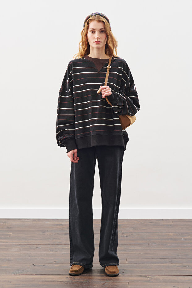 OVERSIZE ÇİZGİLİ SWEATSHIRT SİYAH - 6