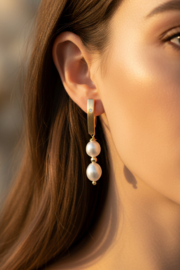 Altın İnci Damla Küpe - 1