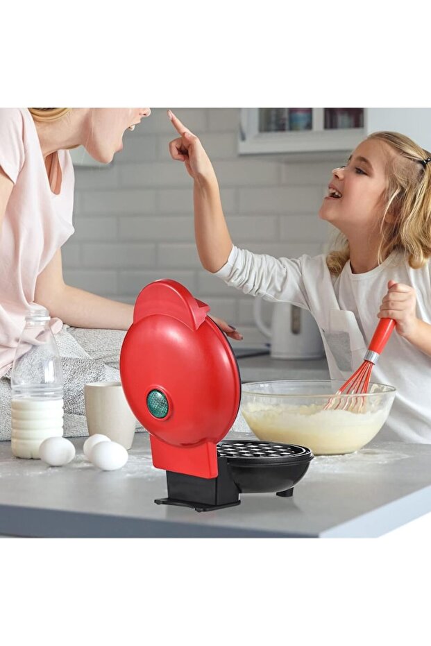 Mini Waffle Maker, 350W, Non-Stick Plates, LED Indicator, Compact Design, Red - 5